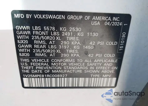 2024 Volkswagen Id.4 S z USA, uszkodzony, nr VIN 1V25MPE81RC008927